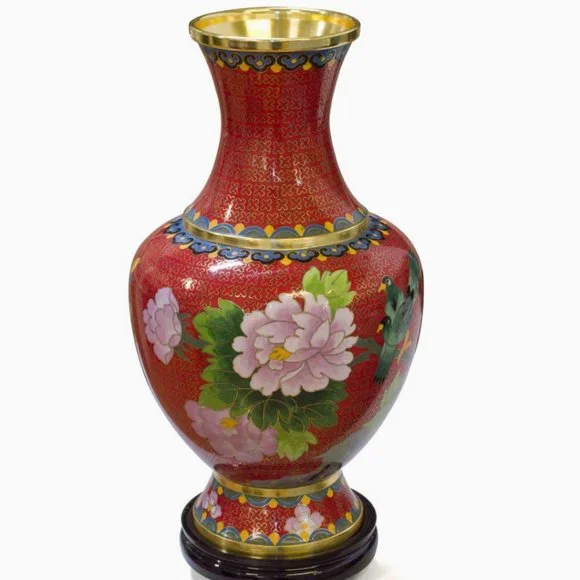Vtg 10" Oriental Cloisonne Vase Blue Bird Dahlia Plum Royal Blue Asian Chinese - Picture 13 of 15